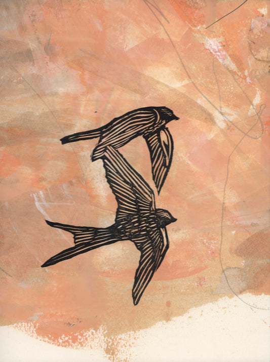 swallows, mixed media